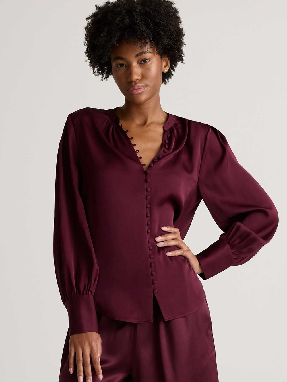 EUC Quince Women Washable Stretch Silk Peasant Blouse Wine Tasting Red L